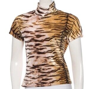 DESIGNER ROBERTO CAVALLI VELOR TIGER STRIPE TURTLENECK SHORT SLEEVE TOP XLARGE